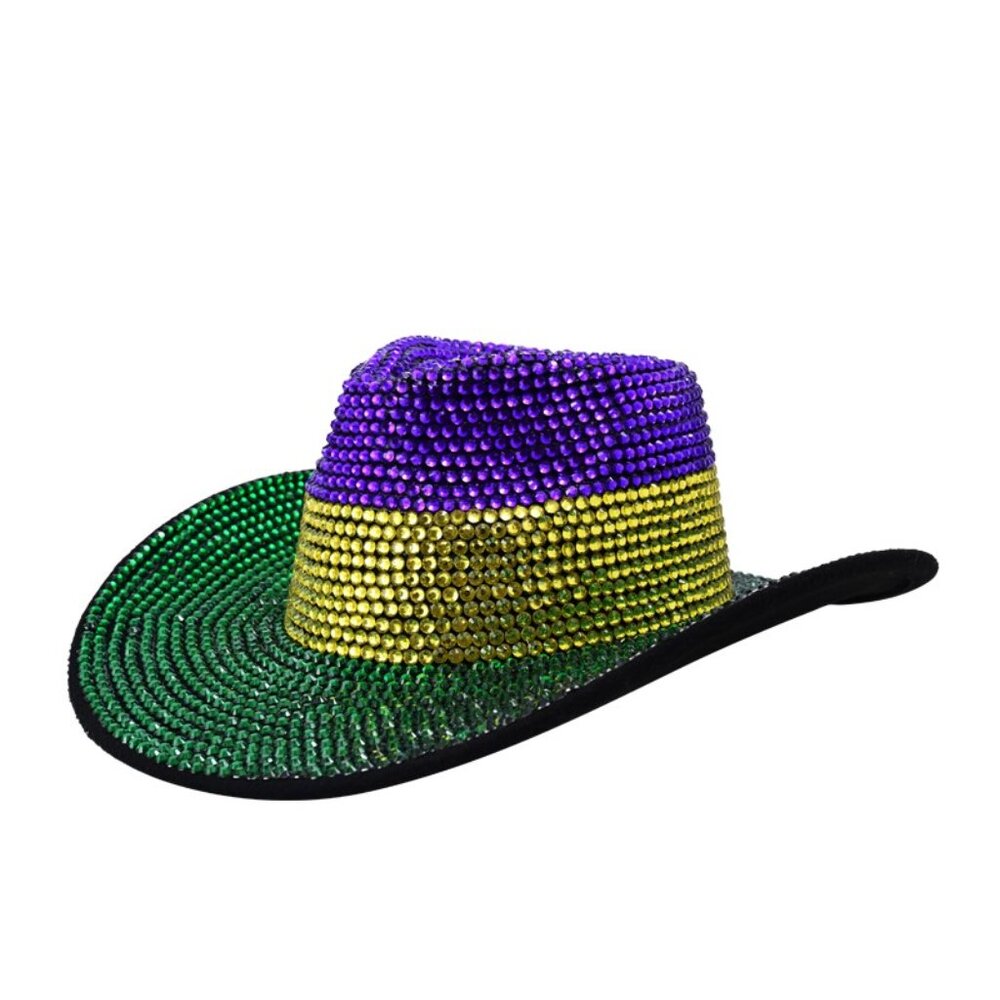 Mardi Gras Bling Cowboy Hat for Women Crystal Rhinestone Green Purple Gold Large - Picture 2 of 3